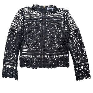 Story On Women’s S Black Crochet Lace Long Sleeves Crop Sheer Gold Zipper Blouse